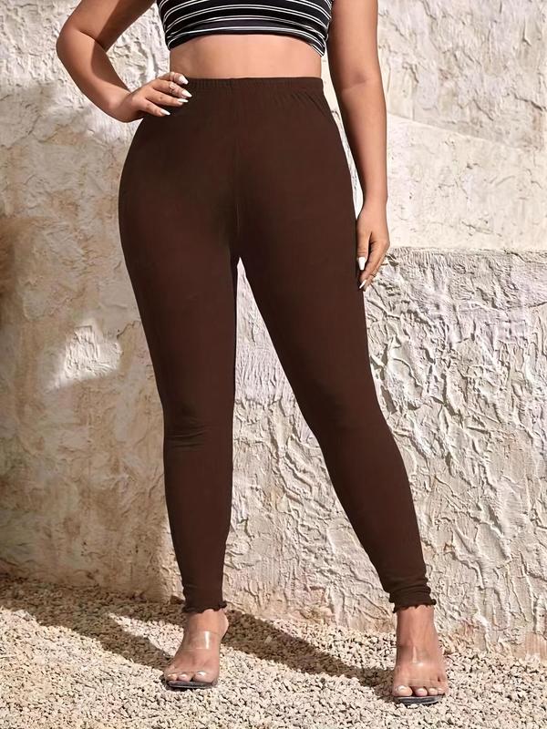 Women's Plus Size Solid High Waisted Seamless Leggings, Casual Comfy Lettuce Trim Skinny Pants, Women's Bottoms for Fall & Winter