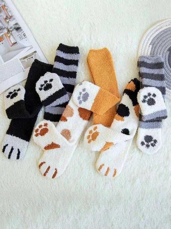 Women's Cartoon Cat Paw Print Fuzzy Socks, Cute Soft Comfy Mid-calf Socks for Fall & Winter, Women's Socks for Daily Wear