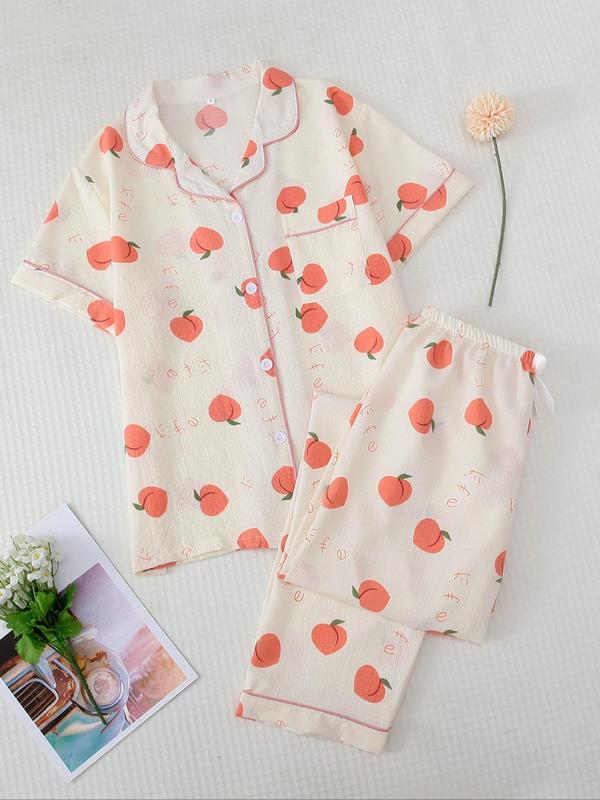 Two-piece Set Women's Back To School Cute All Over Print Button Shortsleeve Blouse & Elastic Waist Pants Comfortable Pyjamas Cute Nightwear Set, Summer Clothes Women, Casual Style Comfort Lapel Pocket Top & Pants Loungewear Pjs Set, Womenswear Pyjamas