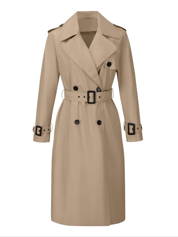 Women's Solid Double Button Belted Trench Coat, Casual Lapel Collar Long Sleeve Midi Coat for Fall & Winter, Women's Clothing for Daily Wear