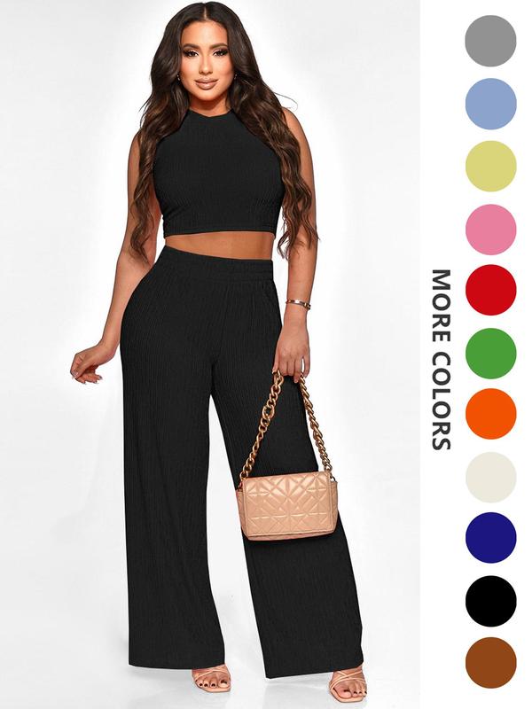 Two-Piece Set Women's Solid Textured Co-ord Set, Casual Round Neck Crop Tank Top & Wide Leg Pants Set, Ladies Summer Clothes for Daily Wear, Summer Outfits