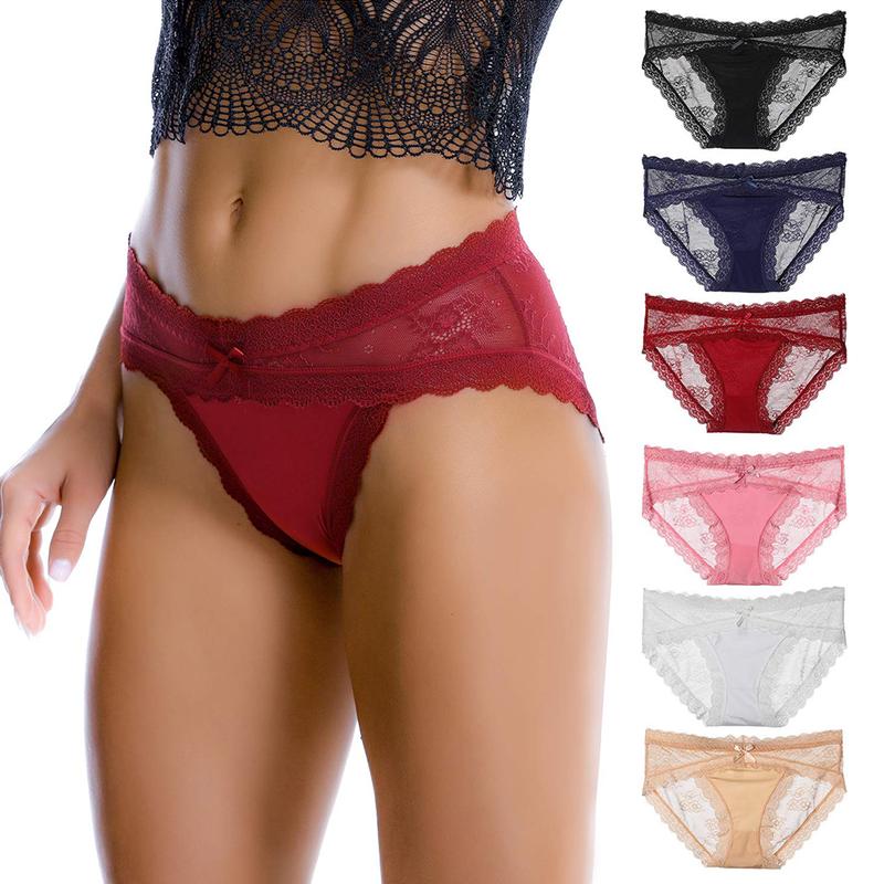 LEVAO 6-Piece Suit Women Sexy Lace Underwear Breathable Hipster Panties Brief Stretch Seamless Bikini Briefs S-XXL