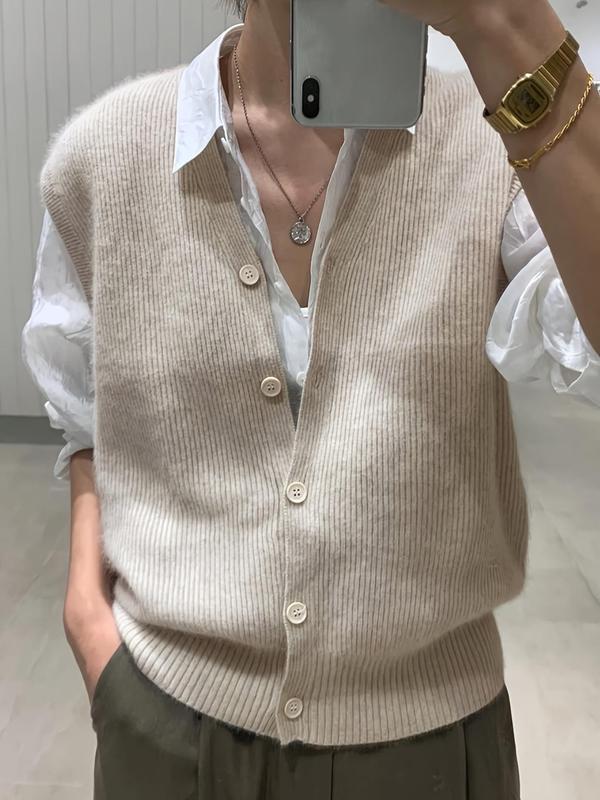 Women's Solid Button Front V Neck Sweater Vest, Casual Sleeveless Knitwear for Daily Wear, Ladies Clothes for All Seasons