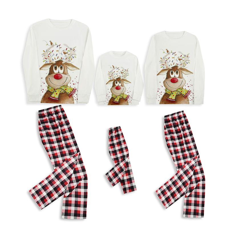 Family Christmas Pajamas Matching Sets for Mom Dad Kid Baby Cartoon Elk Plaid Printing Long Sleeve Pullover Tops Long Pants Sleepwear