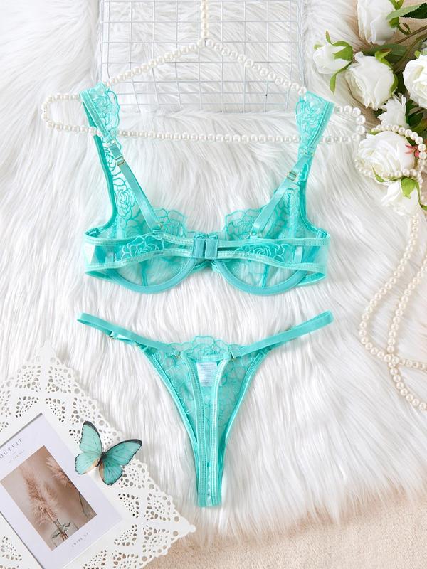 Women's Contrast Mesh Floral Lace Lingerie Set, Sexy Underwire Bralette & Thong, Women's Sexy Lingerie & Underwear Set for Summer