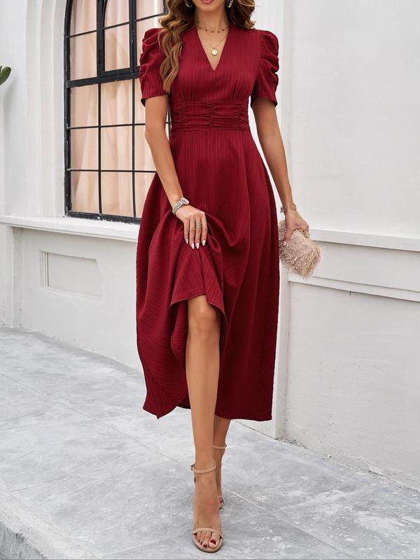 Vintage Women's Plain Ruched Puff Sleeve V Neck A Line Dress, Dresses for Women, Summer Dresses 2024, Elegant Short Sleeve Long Dress for Party Holiday Wedding Guest, Ladies Summer Clothes