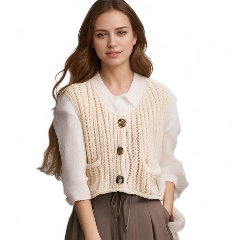 Hixiaohe Womens Crochet Chunky Knit Top Sleeveless Button Down Crop Tops Trendy Cardigan Sweater Vest for Women with Pockets