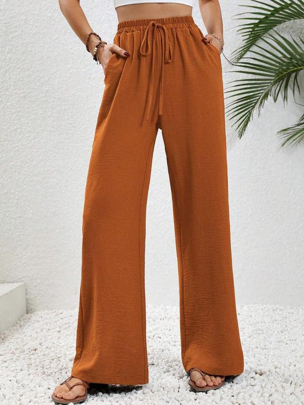 Women's Plain Drawstring High Waist Wide Leg Pants, Pants for Women, Baggy Pants, Summer Clothes Women, Casual Pocket Elastic Waist Trousers for Summer, Women's Bottoms for Daily Wear, Summer Outfits 2024