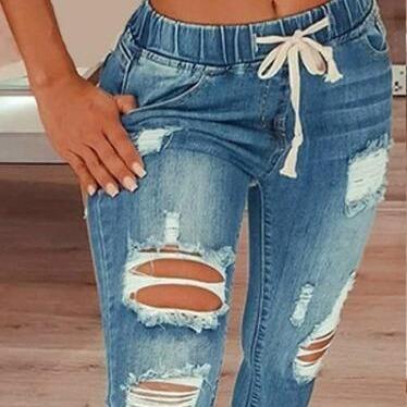 Fashionable casual simple street trend elastic waist women's jeans high waist ripped feet lace-up trousers Womenswear Bottom