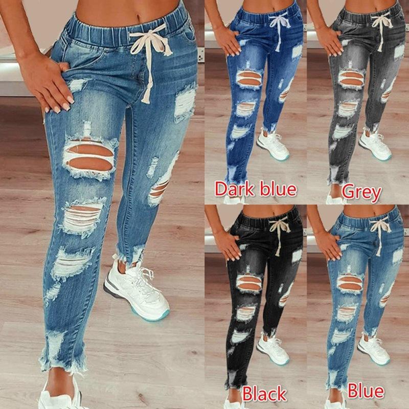 Fashionable casual simple street trend elastic waist women's jeans high waist ripped feet lace-up trousers Womenswear Bottom