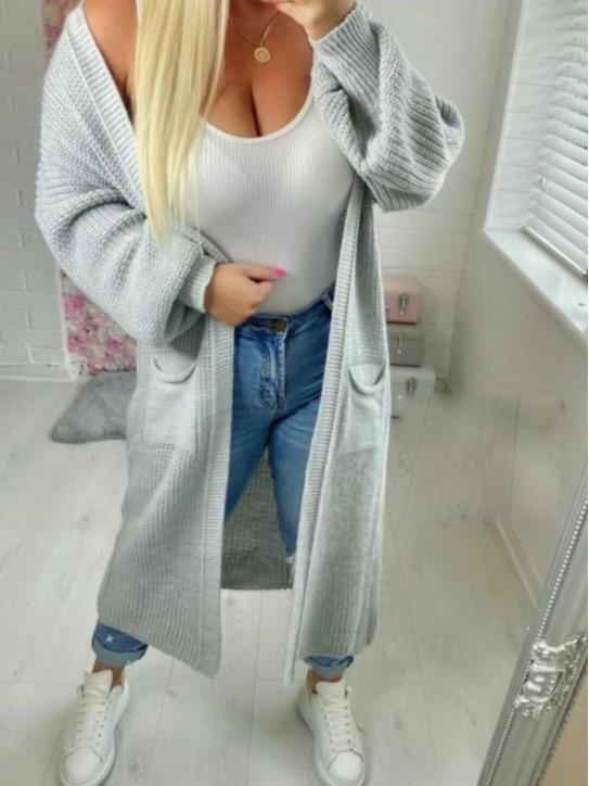 EVELLYHOOTD Longline Balloon Sleeve Knitted Cardigan Solid Color Cardigan with Pockets Women Fashion Oufits