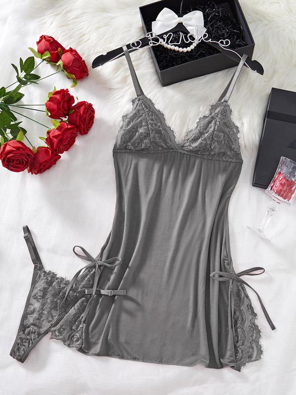 Women's Bow Decor Contrast Lace Cami Nightdress Sleep Dress & Thong Set, Adjustable Spaghetti Strap Nightgown and Panty Set for All Seasons, Fashion Ladies Sleepwear & Homewear, Summer Girly Night Clothes, Vacation Wear