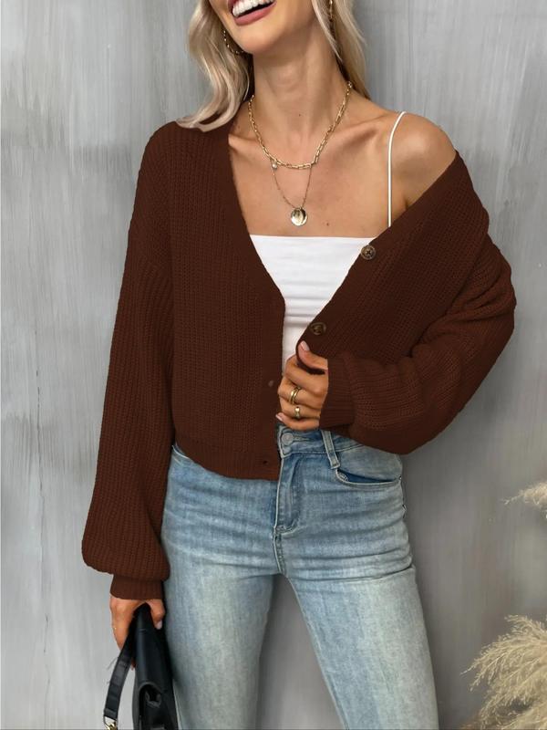 Button Front Balloon Sleeve Crop Cardigan for Women, Long Sleeve Fall Knit Cardigan, 2024 Autumn Clothes, Commuter Short Cardigan, Cozy Fall Outfits, Fall Outfits, Fallfreshness