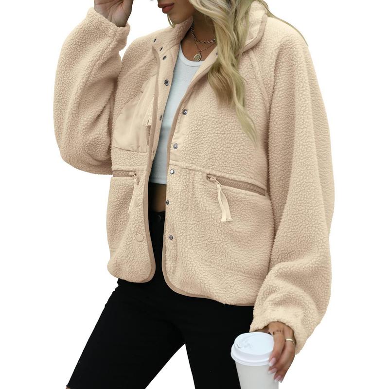 Womens Fleece Jacket Fuzzy Long Sleeve Short Coats Button Down Sherpa Outerwear with Pockets