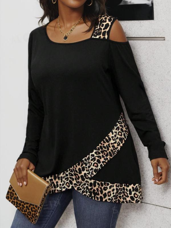 Plus Size Leopard Print Cut Out  Tee, Casual Wrap Asymmetrical Neck T-shirt for Summer, Women's Plus Clothing for Daily Wear