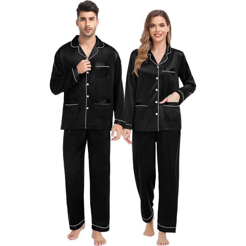 Couples Matching Pajamas Set Satin Long Sleeve Sleepwear Soft Button Down Pj Set Silk Loungewear