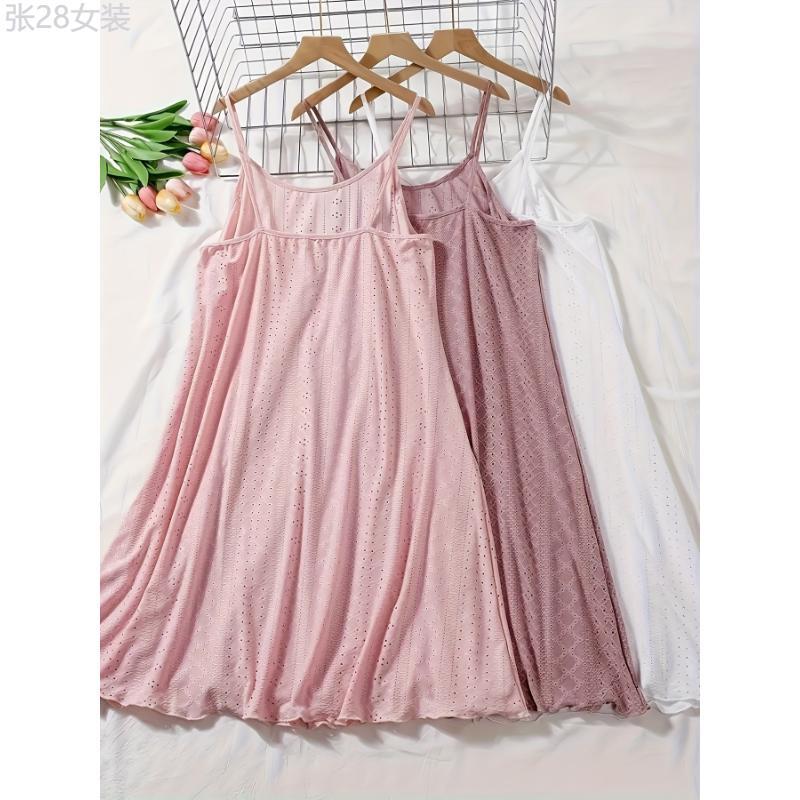 3pcs Plus Size Women's Casual Loungewear, Solid Eyelet Embroidery Round Neck Frill Trim Cami Nightdress Fabric Nightwear