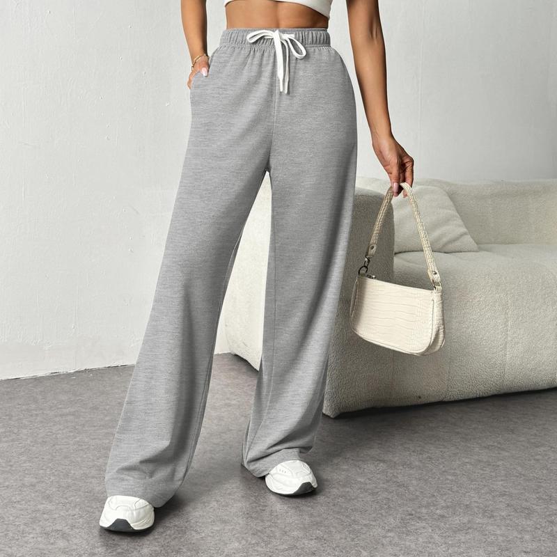 Women's Elastic High Waisted Drawstring Sweatpants Workout Trousers Straight Wide Leg Pants with Pockets