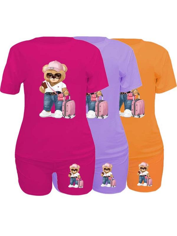 Women's 6 Counts Cartoon Bear Print Round Neck T-shirt & Skinny Shorts Set, Casual Short Sleeve Crew Neck Tee & Shorts for Daily Wear, Ladies Clothes for Fall, 2 Piece Sets Women