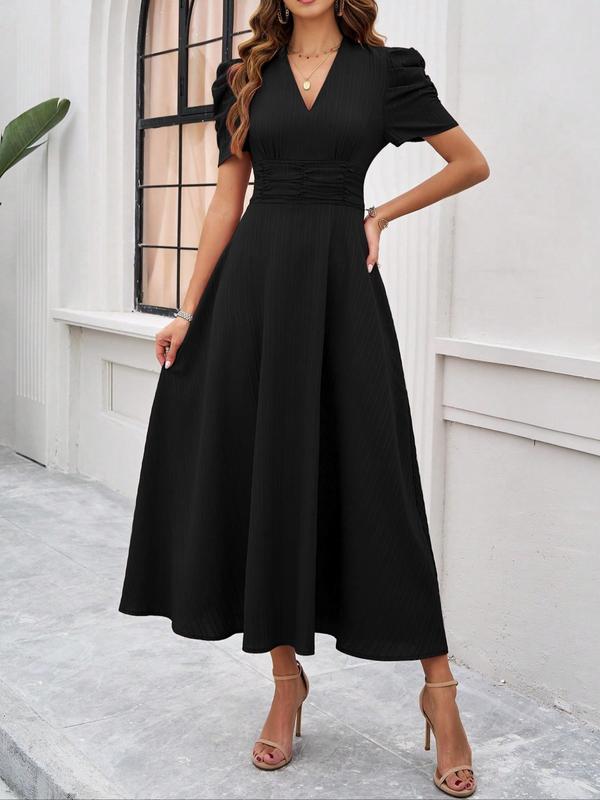 Vintage Women's Plain Ruched Puff Sleeve V Neck A Line Dress, Dresses for Women, Summer Dresses 2024, Elegant Short Sleeve Long Dress for Party Holiday Wedding Guest, Ladies Summer Clothes