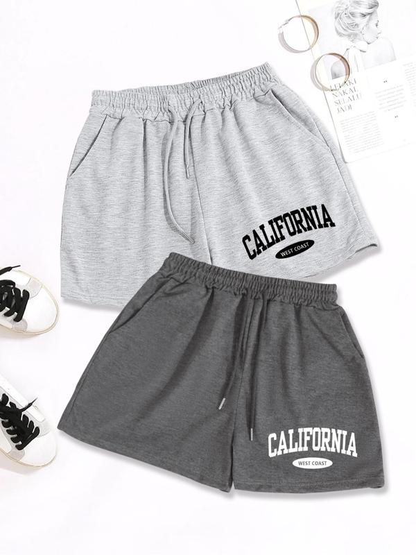 Womenswear Letter Print Drawstring Shorts, Comfort Pocket Track Shorts for Summer, Summer Outfits, Back To School Outfits, Ladies Bottoms for Daily Wear, Holiday Outfits 2024