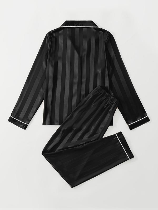 @Shopwithjulie Collection 2 Counts Women's Striped Print Satin Pajamas Set, Soft Long Sleeve Button Front Lapel Shirt & Pants Pjs, Comfy Pj Set, Nightwear & Loungewear, Summer Wear 2024, Lounge Sets, Pajama Sets Women, Please Purchase A Size Up