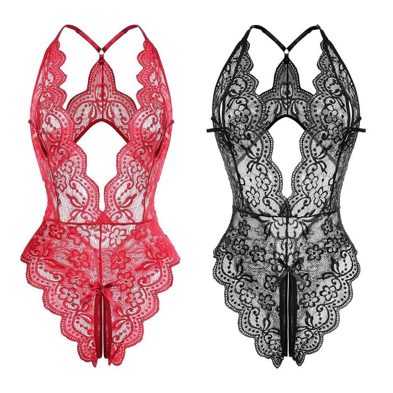 Women's Sexy Lingerie One Piece Women Deep V Floral Lace Bodysuit heart ring backless lingerie nightwear womenswear lady