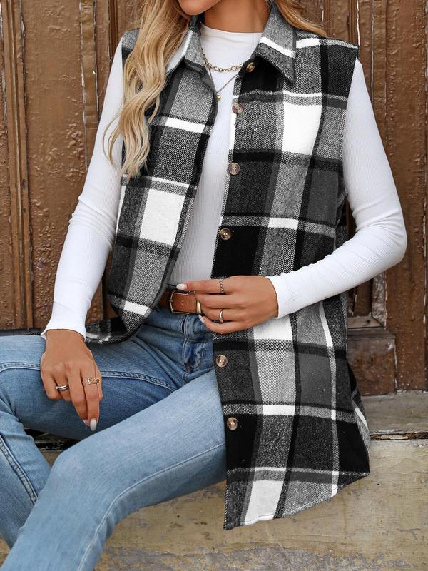 Women's Plaid Print Button Front Vest Coat, Casual Sleeveless Collared Outerwear for Daily Wear, Ladies Clothes for All Seasons