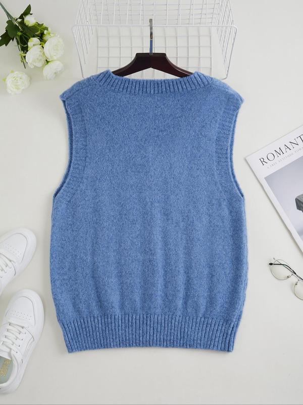  Solid V Neck Cable Knit Sweater Vest, Casual Sleeveless Knit Top for Daily Outdoor Wear, Women Plus Clothing for All Seasons