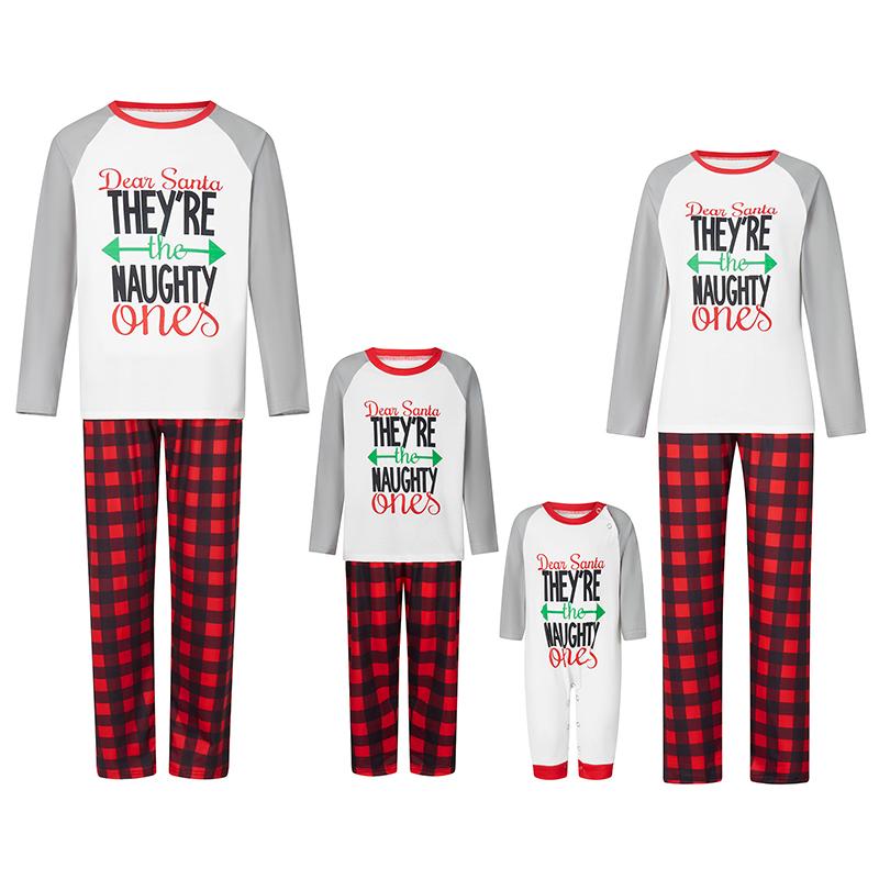 Matching Christmas Pajamas For Family Long Sleeve Arrow Letter Print Tops + Plaid Pants Set Sleepwear