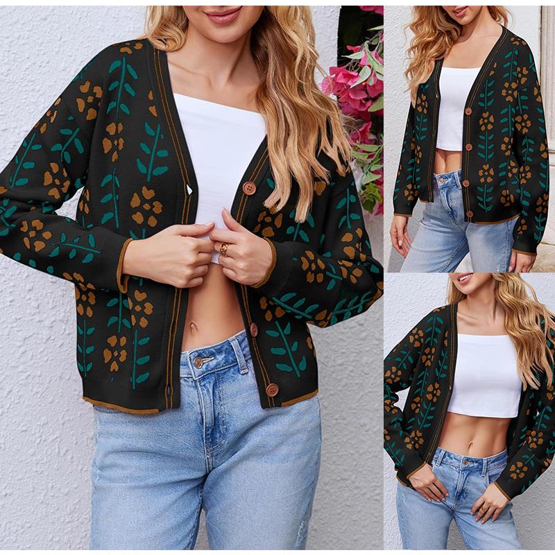 Fisoew Womens Floral Print V Neck Cardigan Open Front Button Down Knit Sweater Long Sleeve Loose Fashion Tops