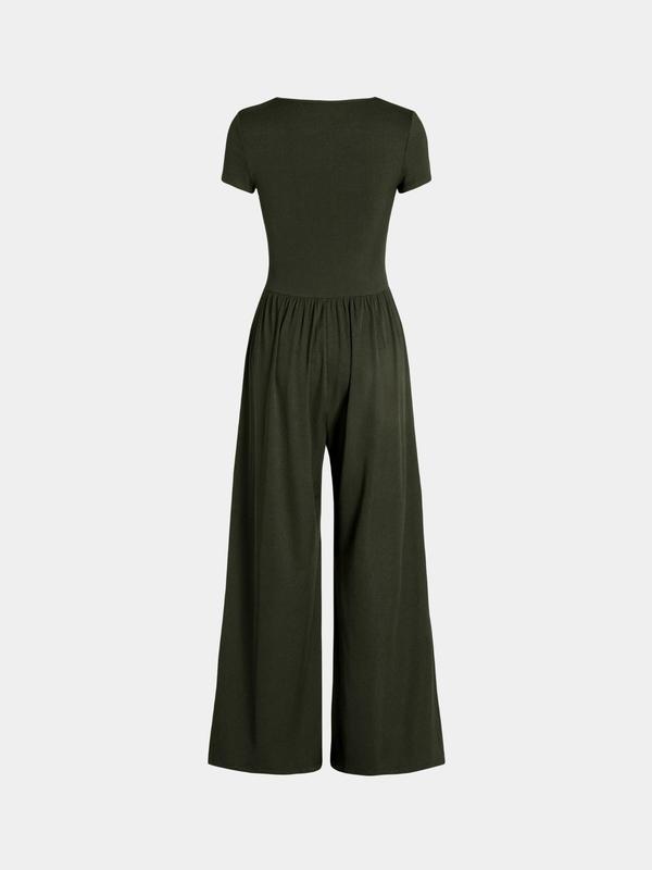 Women's Solid Scoop Neck Wide Leg Jumpsuit, Casual Short Sleeve Ribbed Jumpsuit, Summer Outfits, Women's Clothing for Daily Wear