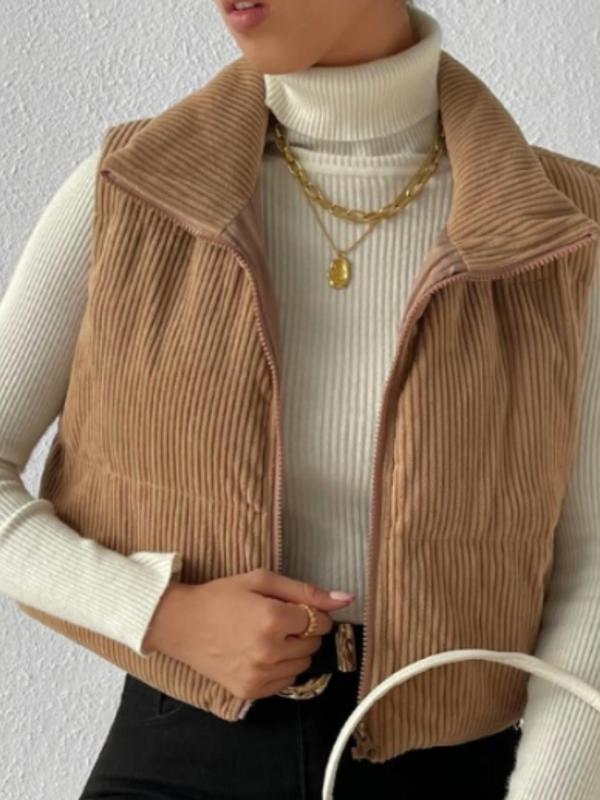 Women's Solid Zip Up Crop Corduroy Vest Coat, Casual Sleeveless High Neck Outerwear for Fall & Winter, Women's Clothing for Daily Wear