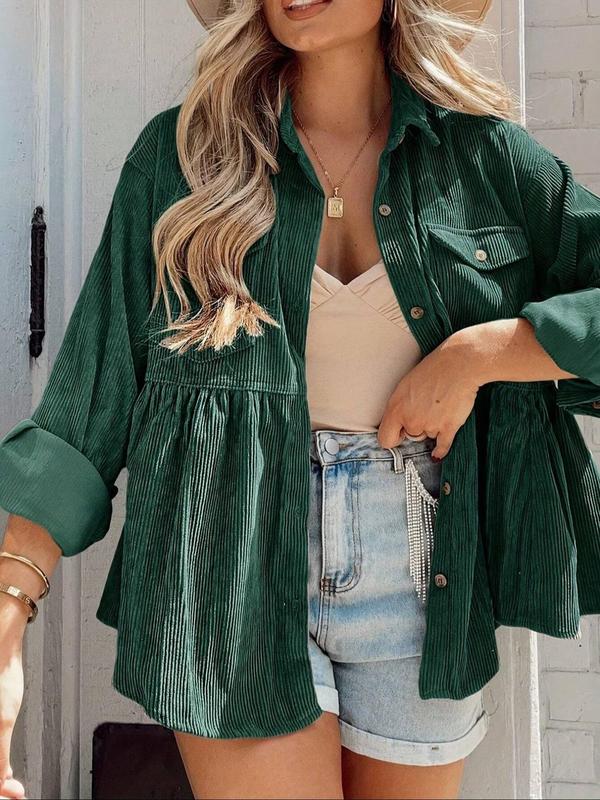 Women's Plain Button Front Drop Shoulder Corduroy Shirt Jacket, Casual Long Sleeve Collared Pocket Top for Spring & Fall, Women's Clothes for Daily Wear