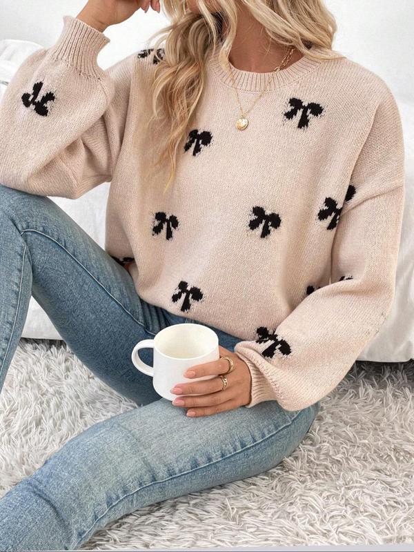 Women's Bow Print Drop Shoulder Sweater, Casual Long Sleeve Round Neck Jumper for Fall & Winter, Fashion Ladies' Knitwear for Daily Wear