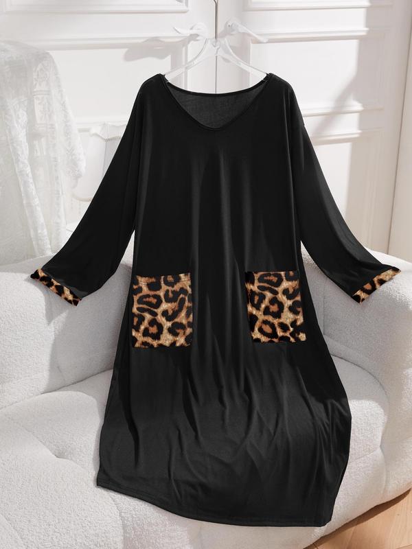  Leopard Print Pocket V Neck Lounge Dress, Casual Long Sleeve Tee Dress for Spring & Fall, Women's Sleepwear for Indoor Wear