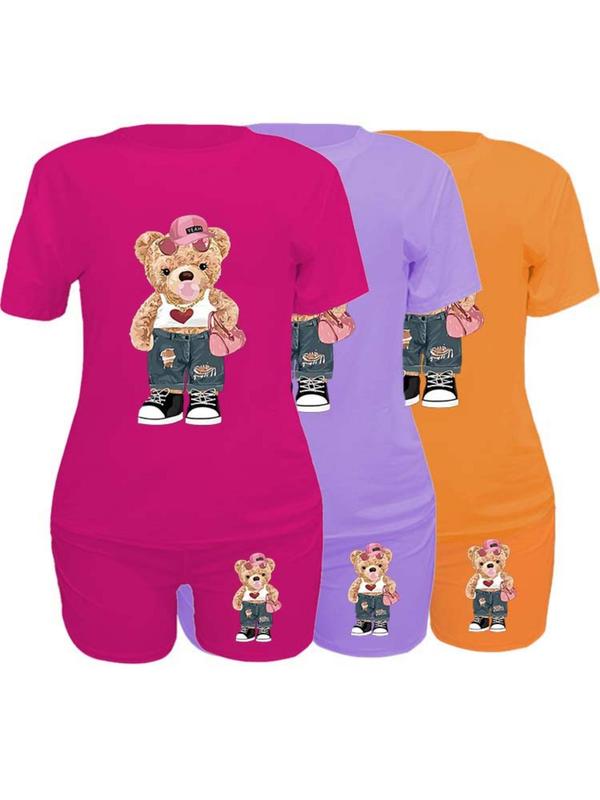 Women's 6 Counts Cartoon Bear Print Round Neck T-shirt & Skinny Shorts Set, Casual Short Sleeve Crew Neck Tee & Shorts for Daily Wear, Ladies Clothes for Fall, 2 Piece Sets Women