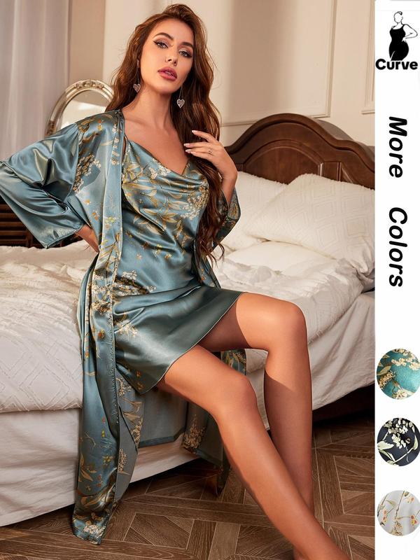  Floral Print Belted Robe & Draped Cami Nightdress Pyjama Two-piece Set, Casual Long Sleeve Robe & Cowl Neck Camisole Nightdress Pj Set, Lounge Sets, Pajama Sets Women, Women's Sleepwear for All Seasons, Fall Wear, Fallfreshness, Womenswear