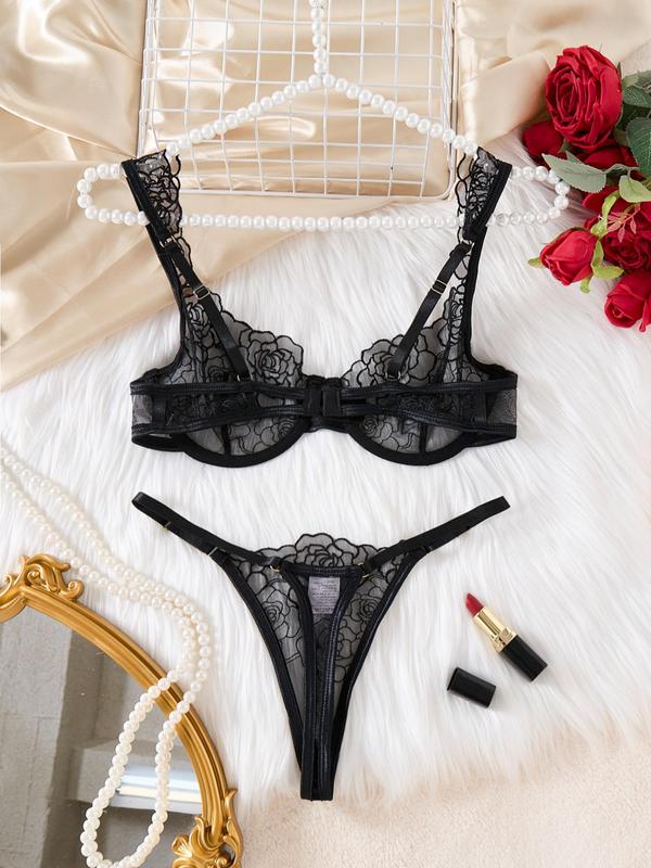 Women's Contrast Mesh Floral Lace Lingerie Set, Sexy Underwire Bralette & Thong, Women's Sexy Lingerie & Underwear Set for Summer