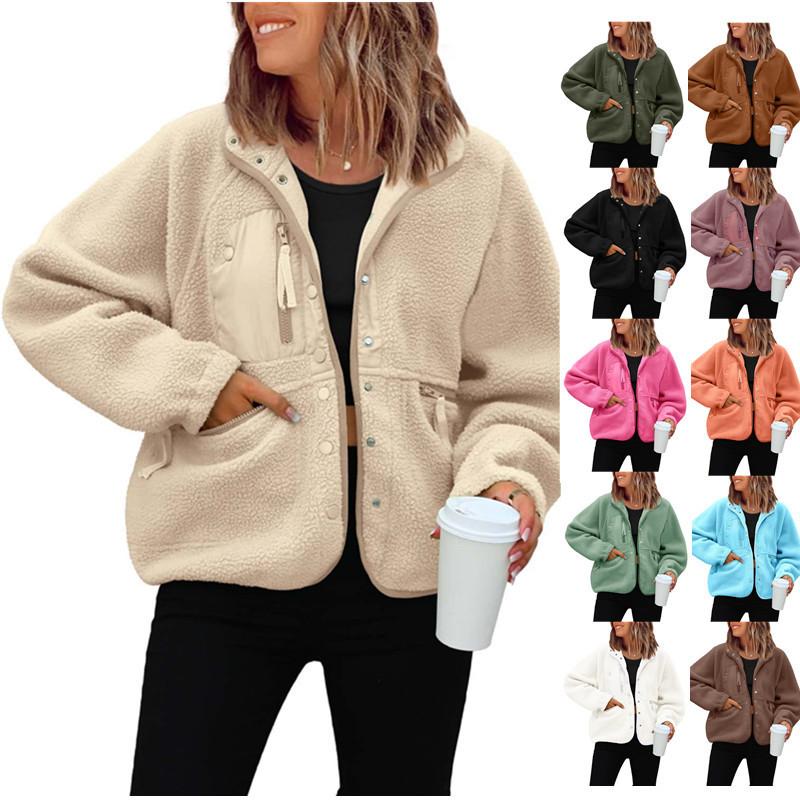 Womens Fleece Jacket Fuzzy Long Sleeve Short Coats Button Down Sherpa Outerwear with Pockets