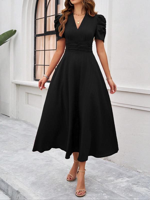 Vintage Women's Plain Ruched Puff Sleeve V Neck A Line Dress, Dresses for Women, Summer Dresses 2024, Elegant Short Sleeve Long Dress for Party Holiday Wedding Guest, Ladies Summer Clothes