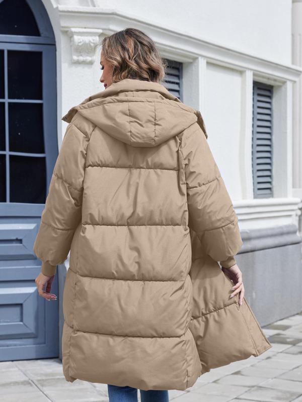 Women's Button Front Full Zip Up Winter Puffer Coat, Trendy Warm Raglan Sleeve Long Coat Outerwear For Daily, Hooded Coat, Please Purchase A Size Up