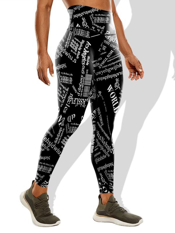 Women's All Over Letter Print High Waist Leggings, Casual Comfy Skinny Pants for Daily Wear, Ladies Bottoms for All Seasons