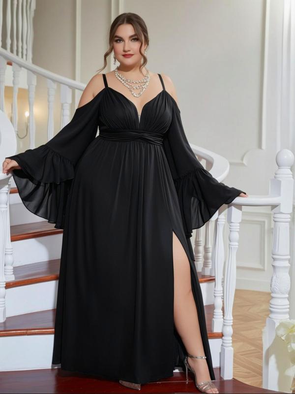 Womenswear Cold Shoulder Split Thigh Comfort Evening Dress, Elegant Formal Wear, Basic Plus Size Flounce Sleeve Long Dress for Party & Banquet, Homecoming Dresses, Minimalist Plus Clothing for All Seasons, Girl Clothes