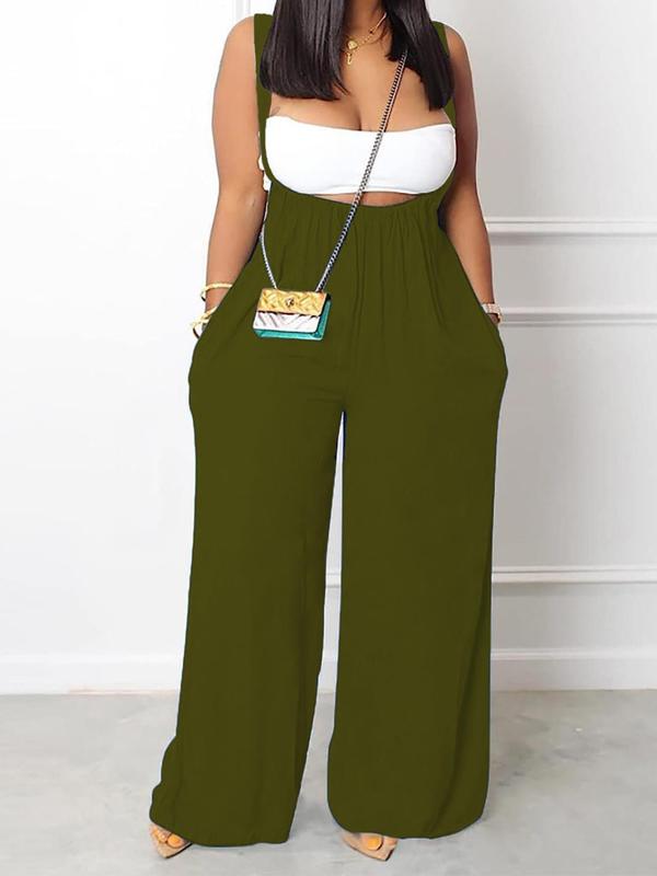 Women's Pocket Wide Leg Pinafore Pants, Comfy Pants, Casual Solid Color Bow Back Trousers, Summer Pants for Women, Women's Bottoms for Daily Wear