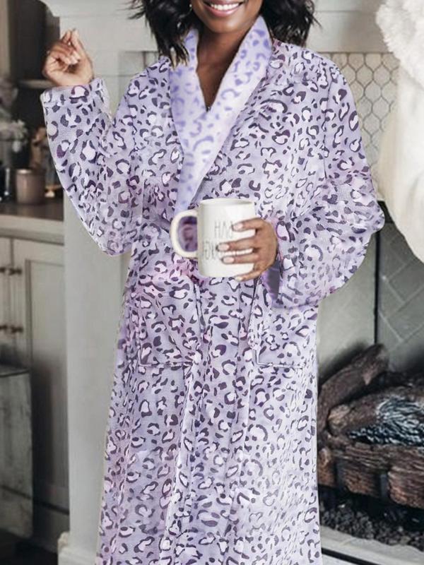 Women's Leopard Print Pocket Belted Wrap Lounge Robe, Casual Long Sleeve Dressing Gown, Women's Sleepwear for Winter