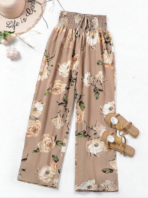 Plus Size Floral Drawstring Waist Wideleg Vintage Pants, Boho Womenswear, Lady Elegant Shirred Wideleg Trousers for Daily Vacation, Comfort Bottoms, Plus Size Clothing, Summer Outfits 2024 for Work