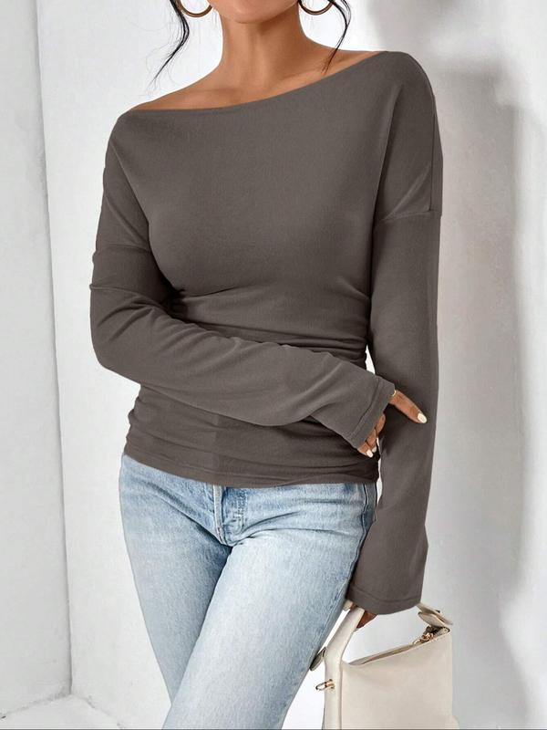 Women's Plain Ruched Off Shoulder Tee, Casual Asymmetrical Long Sleeve T-shirt for Spring & Fall, Women's Clothing for Daily Wear