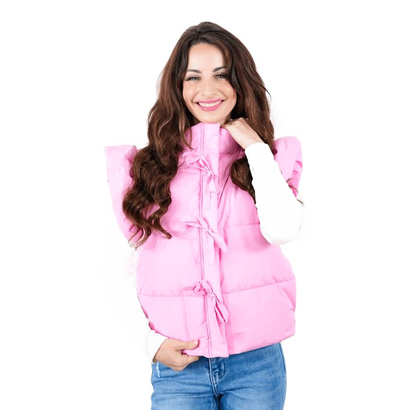 Pink Zip-Up Puffer Vest with Bow Detail