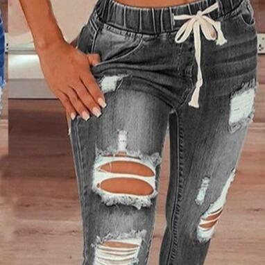 Fashionable casual simple street trend elastic waist women's jeans high waist ripped feet lace-up trousers Womenswear Bottom